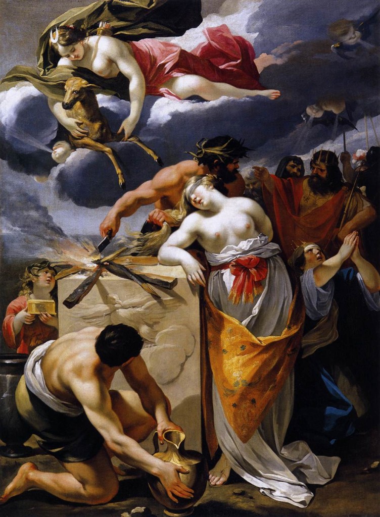 Agamemnon sacrificing his daughter Iphigenia to appease Artemis, from  Sophocles' "Electra" ("The Sacrifice of Iphigenia", 17th century painting by François Perrier, public domain art available via Wikimedia Commons) 