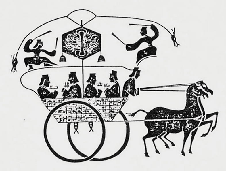 tone rubbing of an ancient Chinese Li-measuring Drum Cart (記里鼓車) from the Xiao Tang Shan Tomb, late Han dynasty (c. 125 CE). According to the Gujinzhu (early 4th c. CE)
