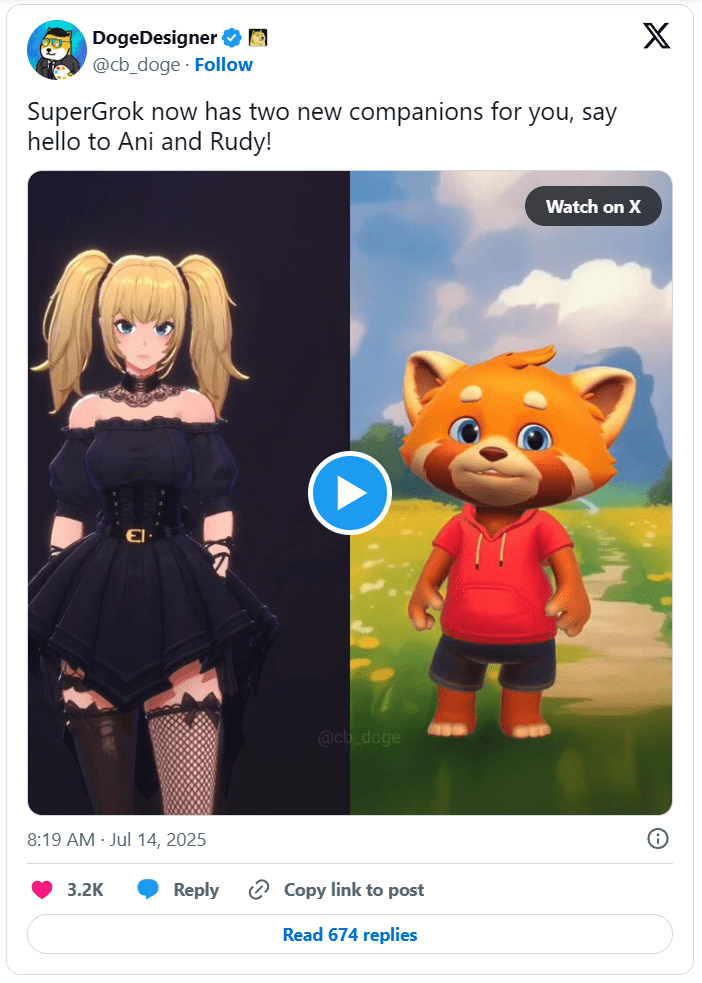 In July 2025, Grok introduced “Companions,” a set of 3D animated characters — including a sexualized anime avatar and multiple versions of a chaotic red panda — complete with an optional NSFW mode.