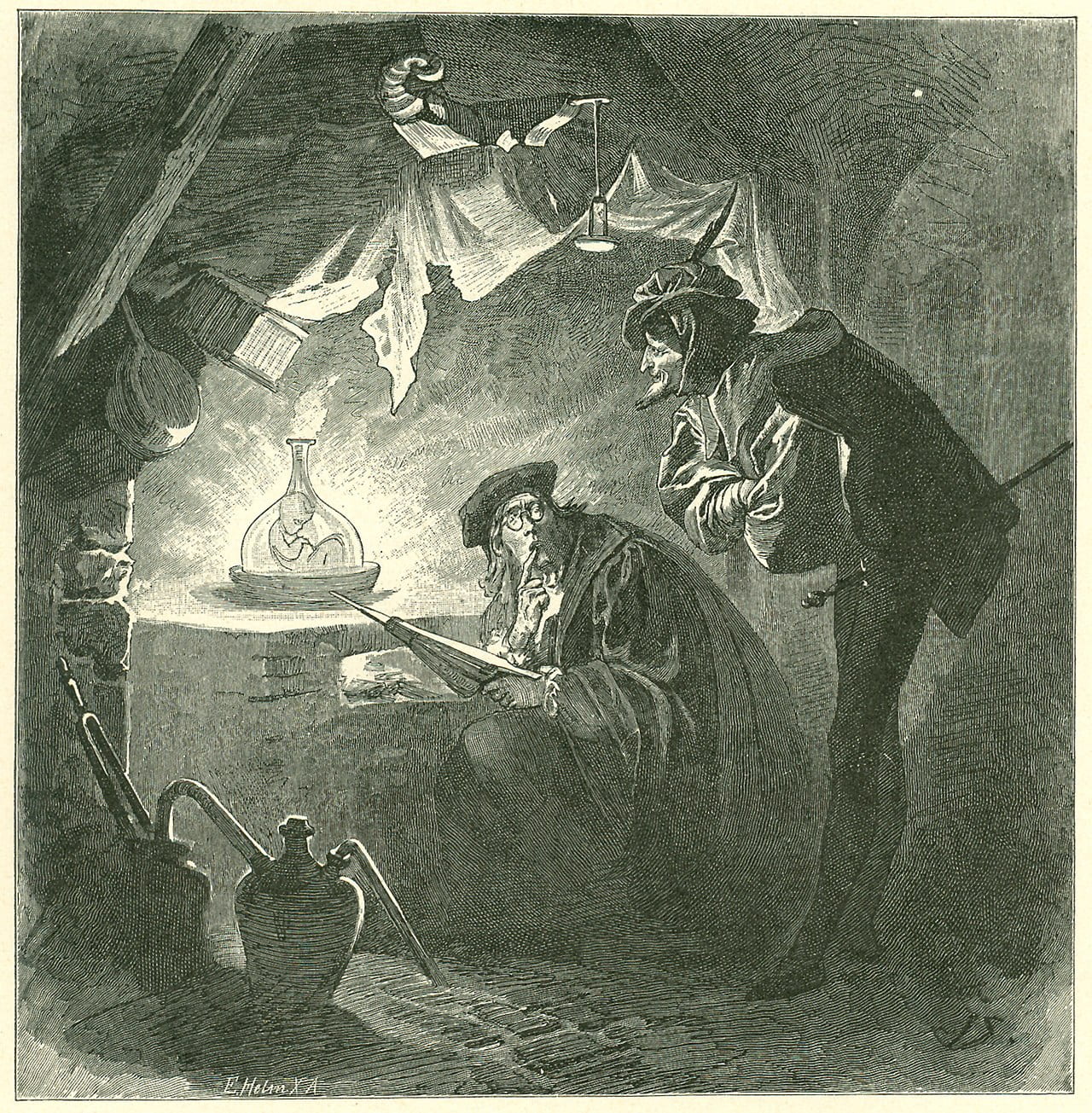 Creation of the Homunculus from Faust, Part Two. Faust’s former assistant Wagner stands at the center, with Mephistopheles beside him. Illustration by Franz Xaver Simm 